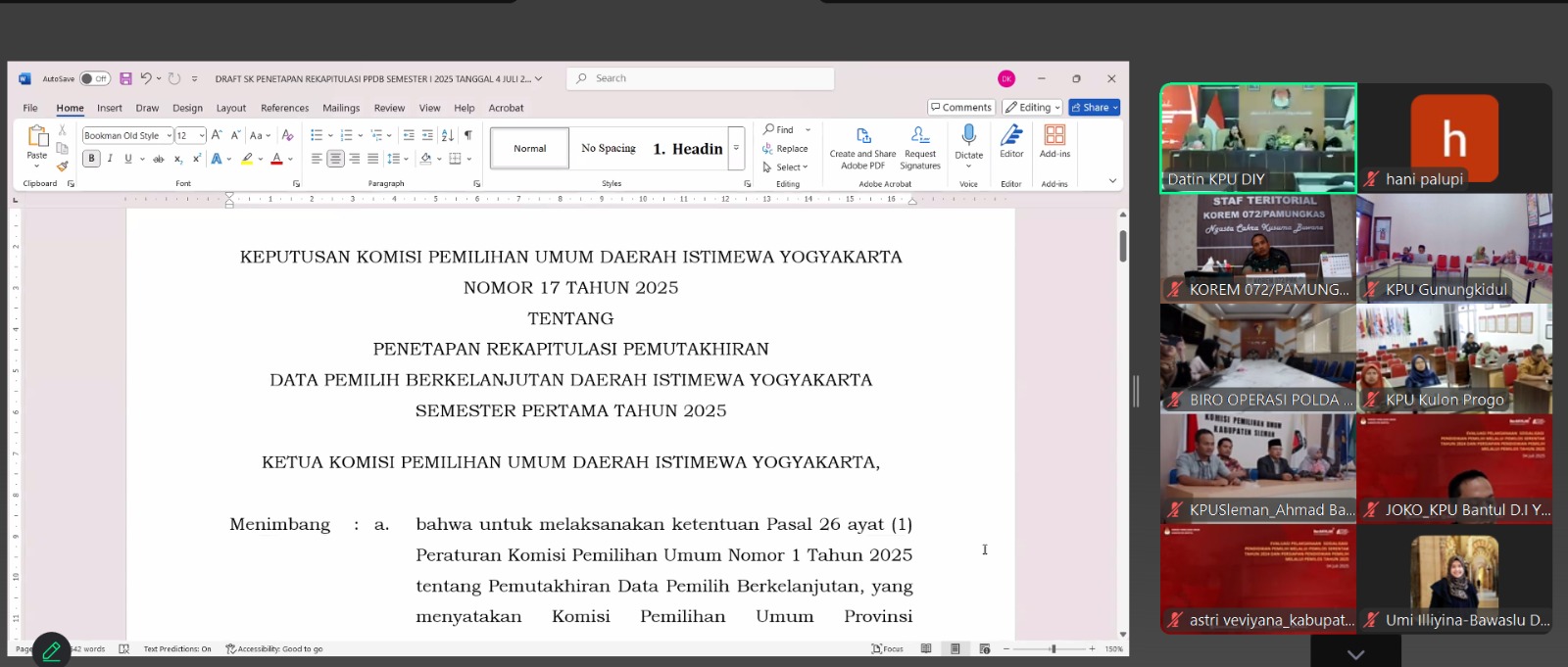 Kawal Akurasi Data Pemilih, Bawaslu DIY Awasi Rapat Pleno PDPB Semester I  Tahun 2025